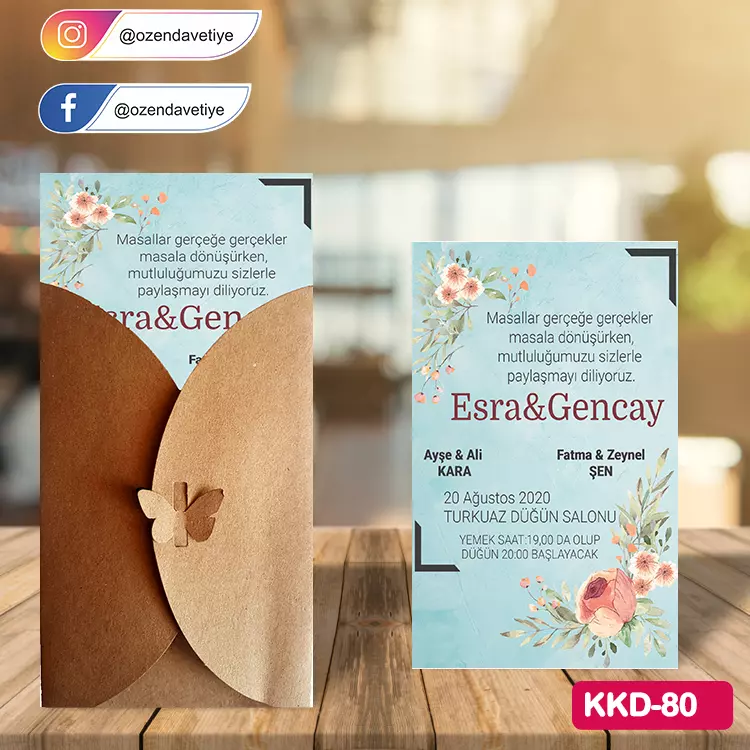 ozen-davetiye-Düğün Davetiyesi - Kelebekli Kraft Zarflı Davetiye Model No:80